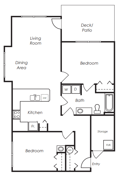 Floor plan for 2 beds, 1 bath, 1040 sqft